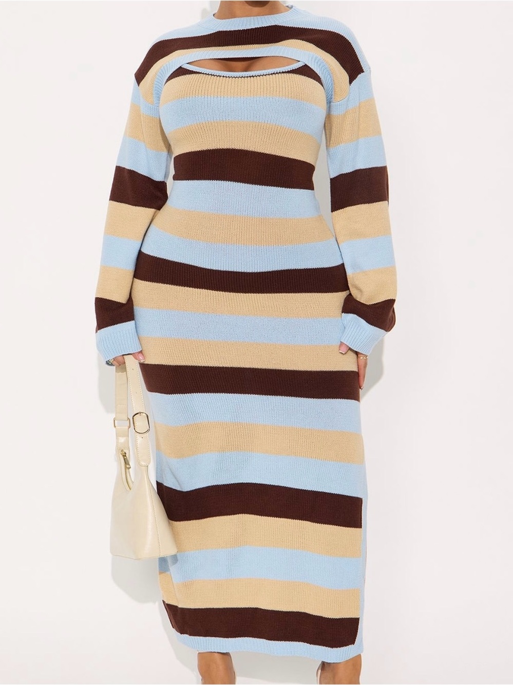 Fashion Nova Striped Cutout Knit Midi Dress set in Light Blue, Beige & Brown
